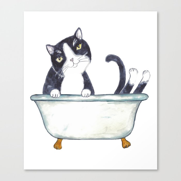 Tuxedo cat toilet Painting Wall Poster Watercolor Canvas Print
