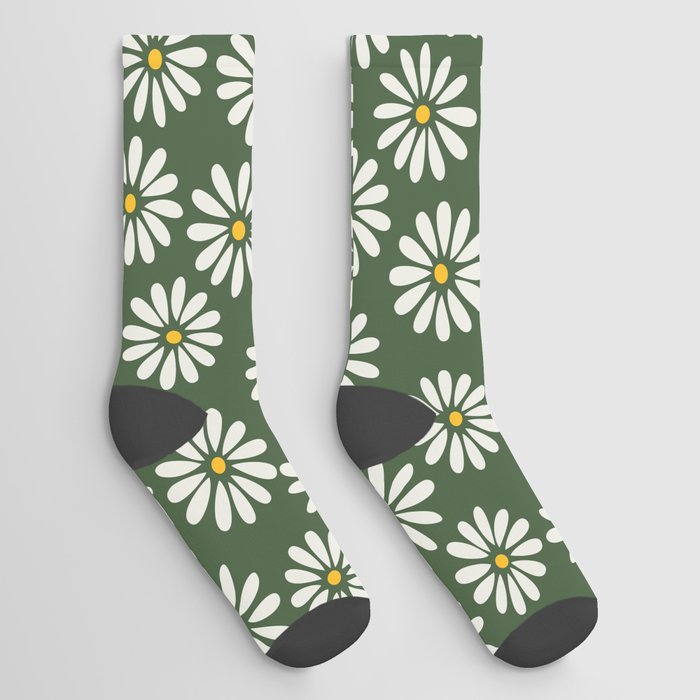 90s style daisies (white on dark green) Socks