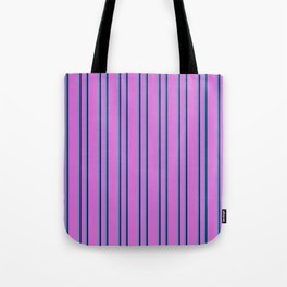 [ Thumbnail: Orchid, Midnight Blue, and Light Sea Green Colored Striped Pattern Tote Bag ]