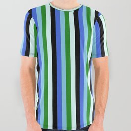 [ Thumbnail: Eyecatching Royal Blue, Sky Blue, Forest Green, Light Cyan, and Black Colored Lines/Stripes Pattern All Over Graphic Tee ]