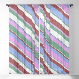 [ Thumbnail: Vibrant Cornflower Blue, Violet, Sea Green, Mint Cream & Maroon Colored Lined Pattern Sheer Curtain ]