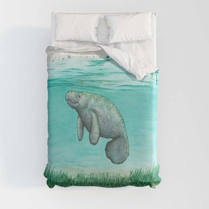 "Mossy Manatee" by Amber Marine ~ Watercolor & Ink Painting, (Copyright 2016) Duvet Cover