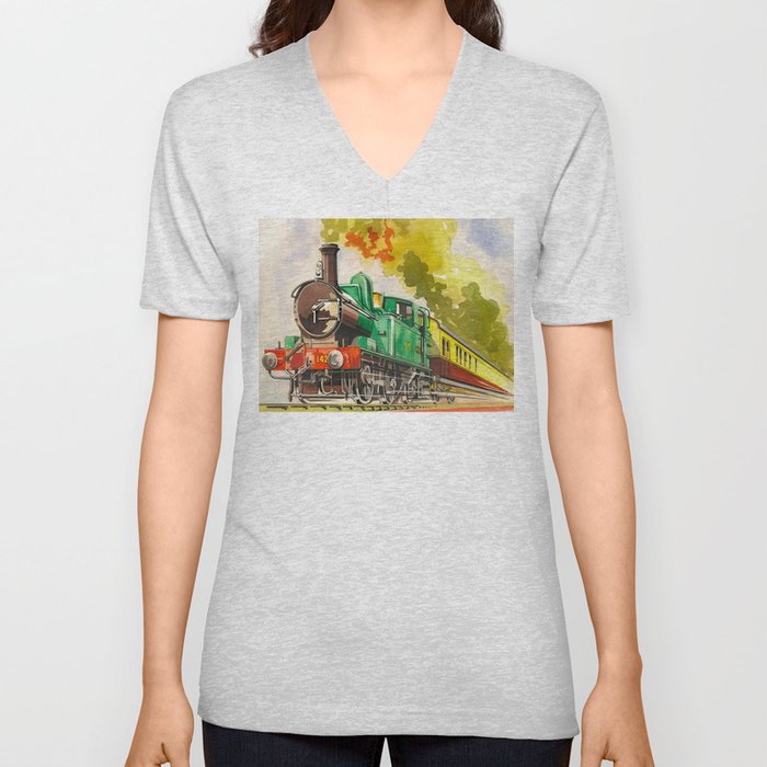Vintage Mid Century Travel Poster British Railways Steam Engine Watercolor Illustration V Neck T Shirt