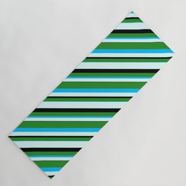 [ Thumbnail: Forest Green, Deep Sky Blue, Light Cyan & Black Colored Stripes/Lines Pattern Yoga Mat ]
