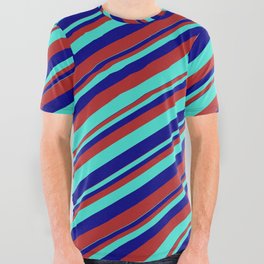 [ Thumbnail: Blue, Red & Turquoise Colored Stripes Pattern All Over Graphic Tee ]