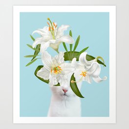 Cat with flowers in blue Art Print