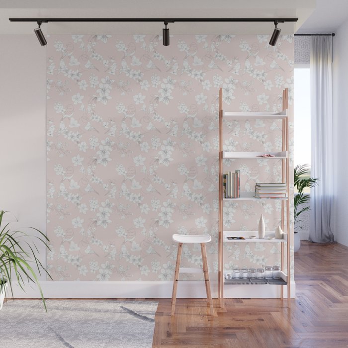 Pink Floral Birds Spring Pattern Wall Mural