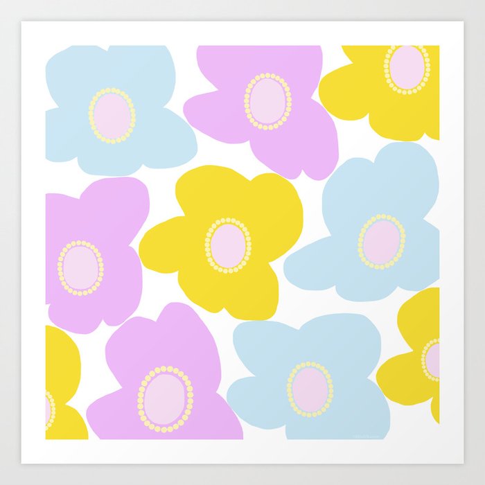 Retro Flowers 2024 Pastel Pink, Blue and Yellow Large Petals White Background #decor #society6 #buyart Art Print