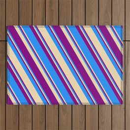 [ Thumbnail: Blue, Tan, and Purple Colored Striped Pattern Outdoor Rug ]