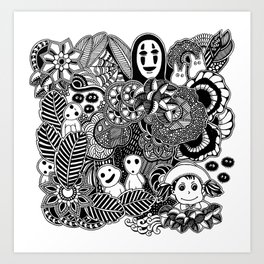 Ghibli  inspired black and white doodle art Art Print
