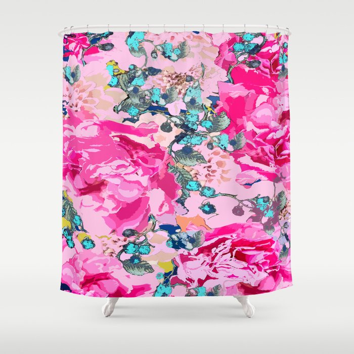 Pink floral work with some turquoise and yellow details #decor #society6 #buyart Shower Curtain