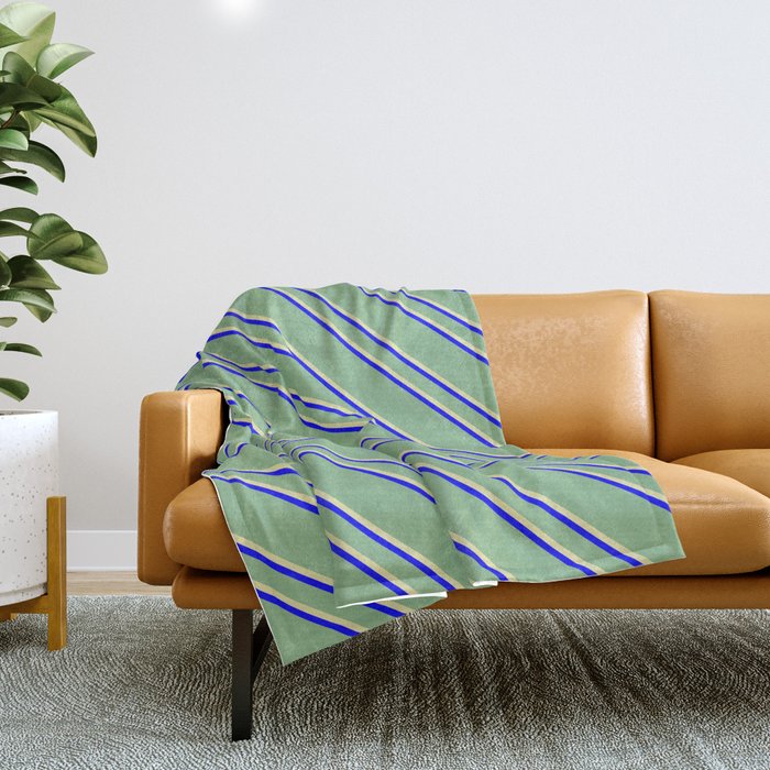 Dark Sea Green, Pale Goldenrod, and Blue Colored Striped Pattern Throw Blanket