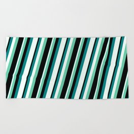 [ Thumbnail: Aquamarine, Black, Teal, and Mint Cream Colored Lined Pattern Beach Towel ]