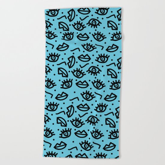 Wowzers - memphis throwback retro neon face eyes fashion print design dorm college trendy gifts Beach Towel