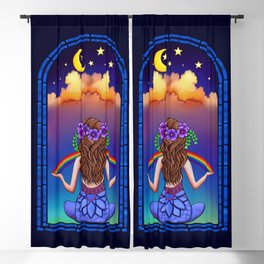Midnight Window Crescent Moon Meditation - colorful print metaphysical Spiritual art Blackout Curtain