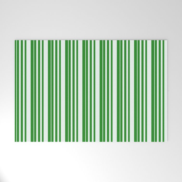 Forest Green & Mint Cream Colored Pattern of Stripes Welcome Mat