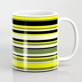 [ Thumbnail: Yellow, Dark Olive Green, Light Yellow, and Black Colored Lines Pattern Coffee Mug ]