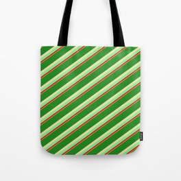 [ Thumbnail: Forest Green, Pale Goldenrod, Light Green, Crimson, and Goldenrod Colored Pattern of Stripes Tote Bag ]