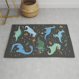 Dinosaurs in Space in Blue Area & Throw Rug