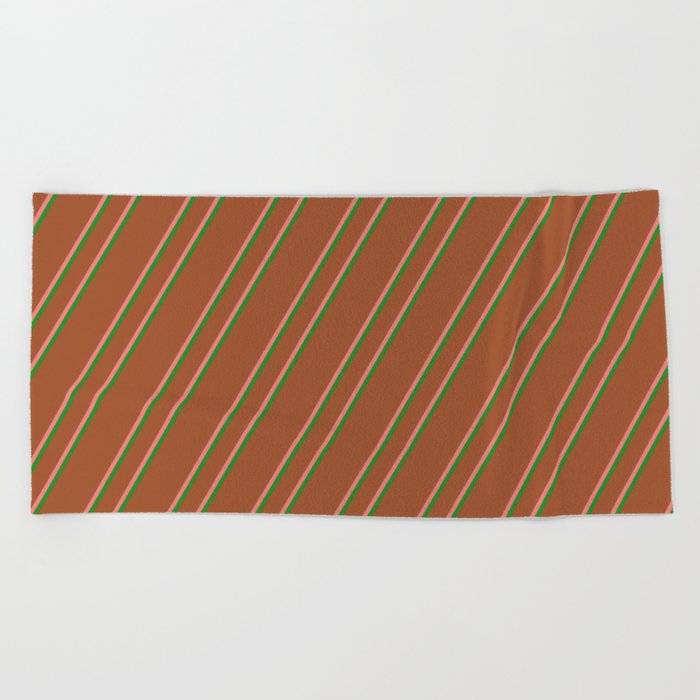 Sienna, Light Coral & Forest Green Colored Stripes Pattern Beach Towel