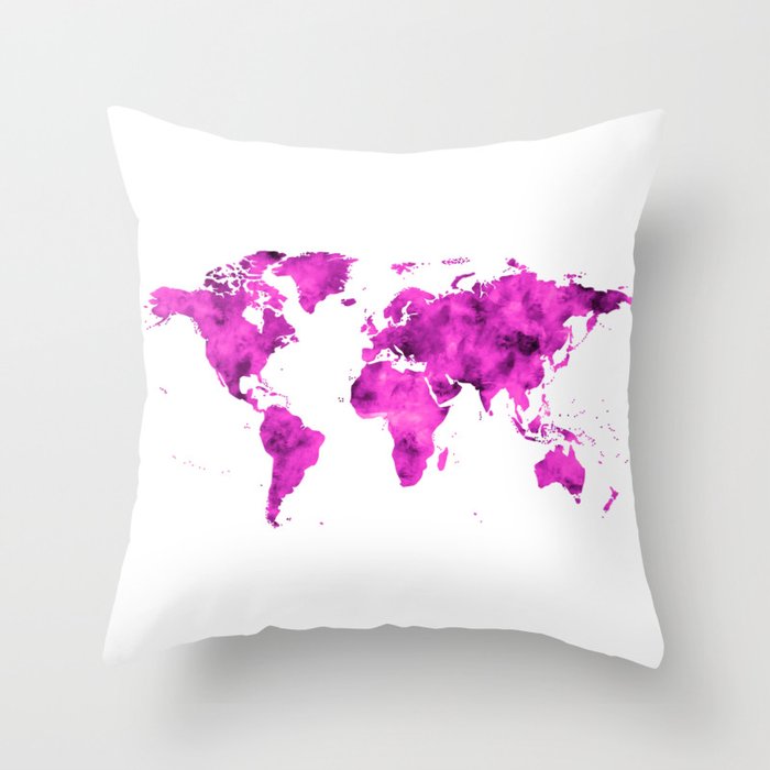 World Map Magenta Planet Throw Pillow