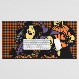 Funny Halloween Witches Pumpkin & Orange Buffalo Plaid Desk Mat