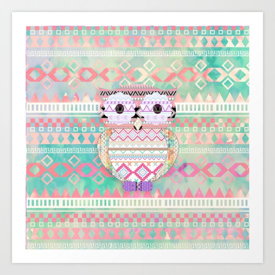 Hoot! Whimsical Tribal Owl Pastel Girly Tie Dye Aztec Art Print