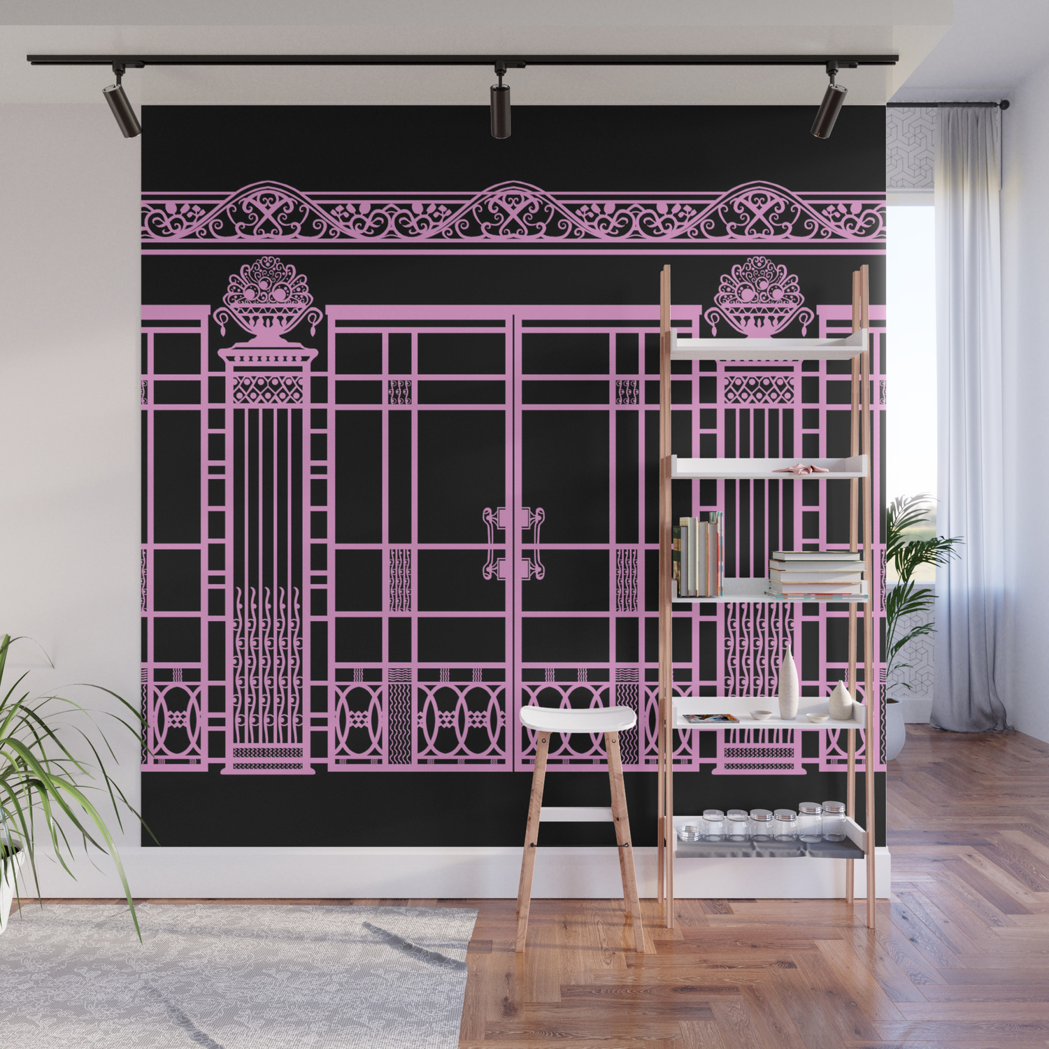 Art Deco Art Nouveau Ironwork Pink On Black Wall Mural By