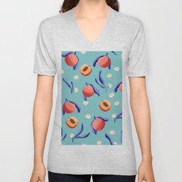 Seamless pattern with hand drawn peaches and floral elements VECTOR V Neck T Shirt