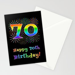 [ Thumbnail: 70th Birthday - Fun Rainbow Spectrum Gradient Pattern Text, Bursting Fireworks Inspired Background Stationery Cards ]