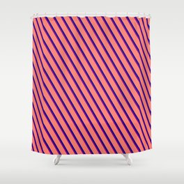 [ Thumbnail: Dark Blue, Purple & Salmon Colored Lines/Stripes Pattern Shower Curtain ]