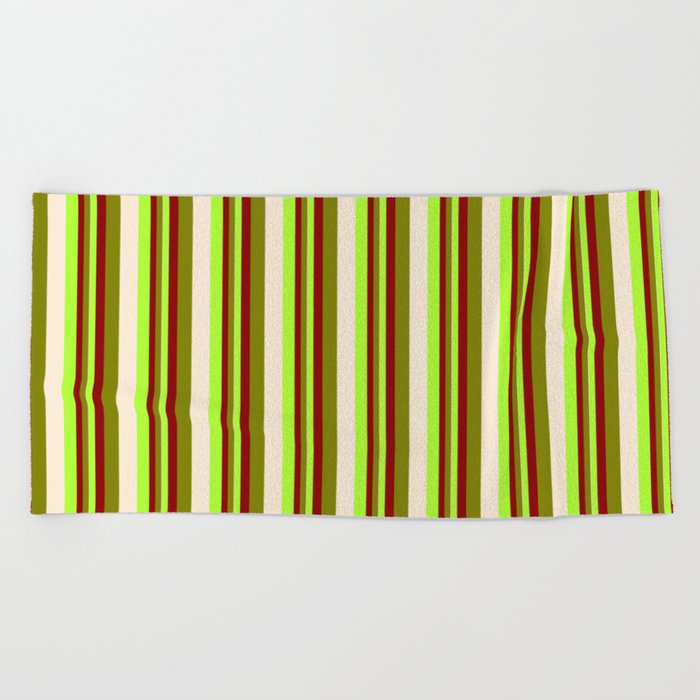 Light Green, Dark Red, Green, and Beige Colored Lines Pattern Beach Towel
