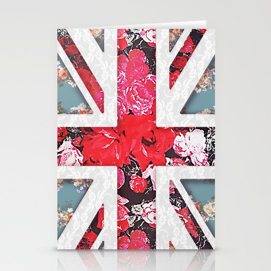 God save the Queen | Elegant girly red floral & lace Union Jack Stationery Cards