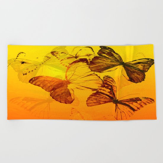 Lovely butterflies in sunset color - summer beauties on orange background Beach Towel
