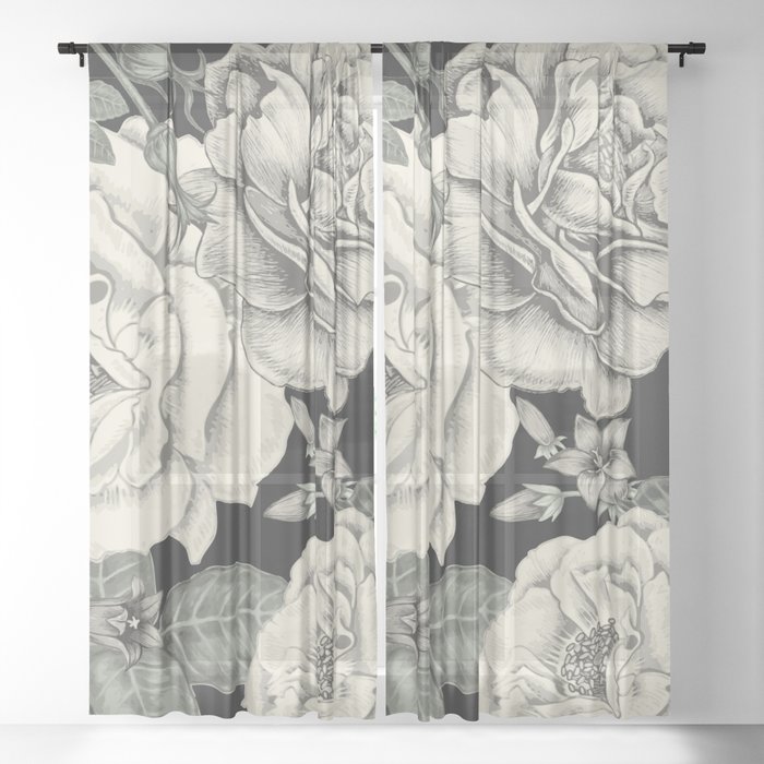 Cream Flowers On Black Sheer Curtain By Magic Dreams Society6