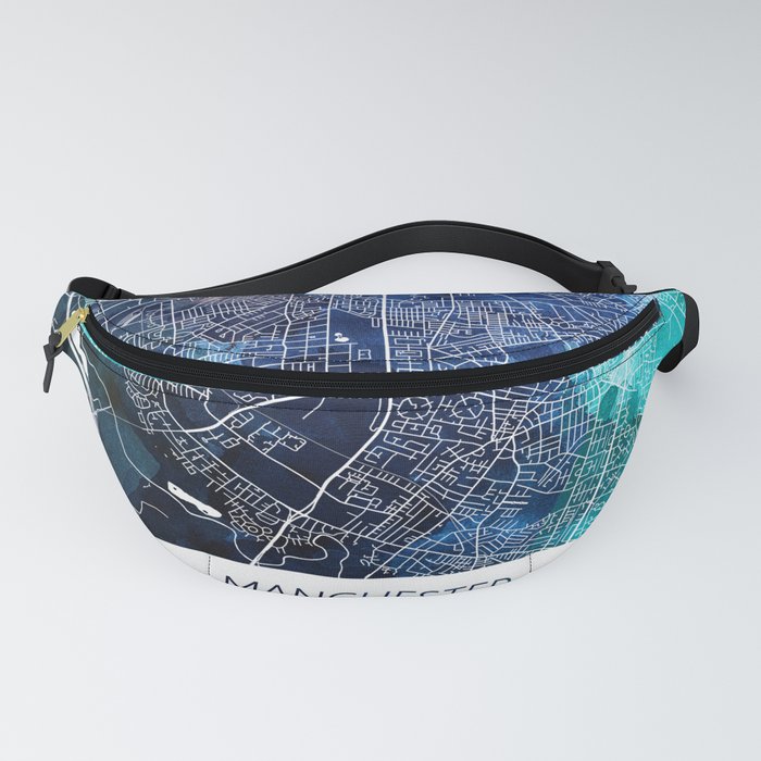 Manchester Map Navy Blue Turquoise Watercolor Fanny Pack