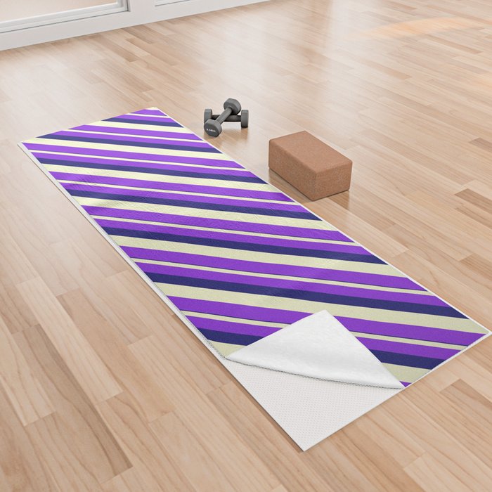 Midnight Blue, Light Yellow, and Purple Colored Striped/Lined Pattern Yoga Towel
