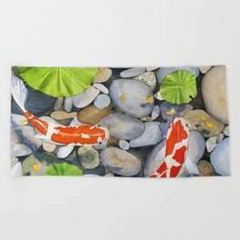 Koi Fish in Lotus Pond Beach Towel