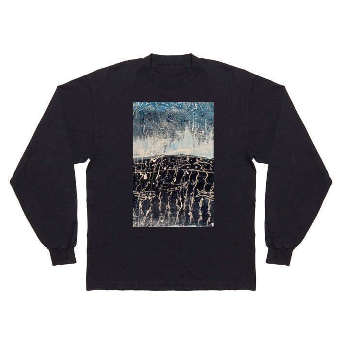 Abstract Navy Blue Teal White Watercolor Seaside Landscape Long Sleeve T Shirt