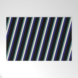 [ Thumbnail: Eye-catching Aqua, Dim Gray, Beige, Midnight Blue & Black Colored Stripes Pattern Welcome Mat ]