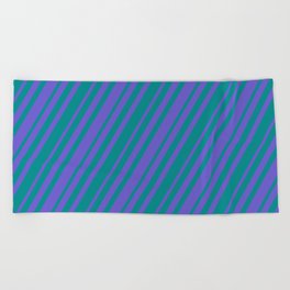 [ Thumbnail: Slate Blue & Dark Cyan Colored Lined Pattern Beach Towel ]