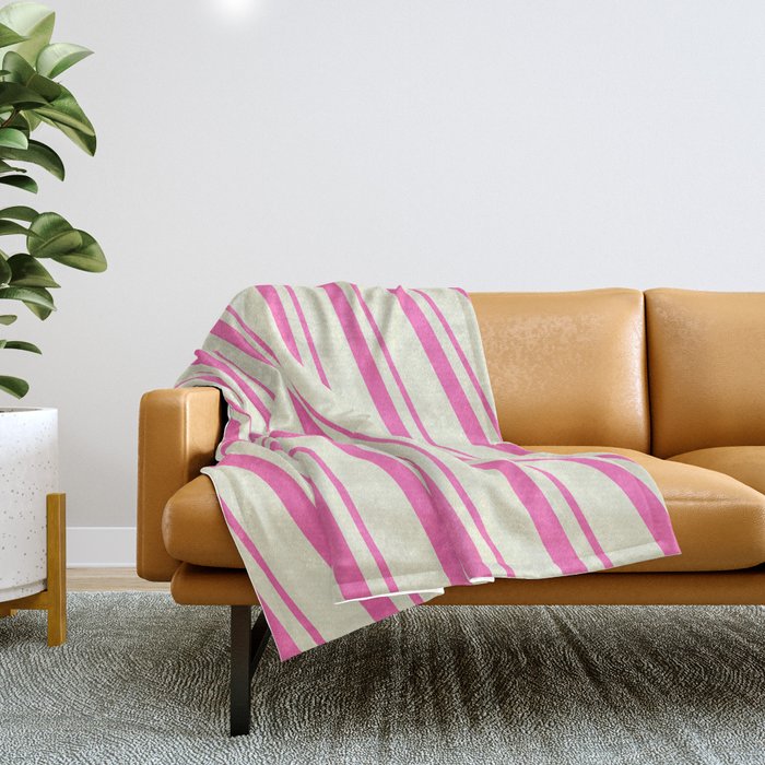 Hot Pink & Beige Colored Lined Pattern Throw Blanket