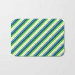 [ Thumbnail: Eyecatching Light Yellow, Tan, Blue, Dark Slate Gray, and Lime Green Colored Lined/Striped Pattern Bath Mat ]