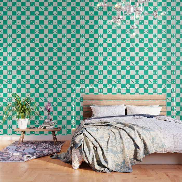 Checkered Dice Pattern (Creamy Milk & Fresh Mint Green Color Palette) Wallpaper
