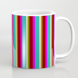 [ Thumbnail: Eyecatching Fuchsia, Light Sea Green, Tan, Green & Dark Red Colored Stripes Pattern Coffee Mug ]