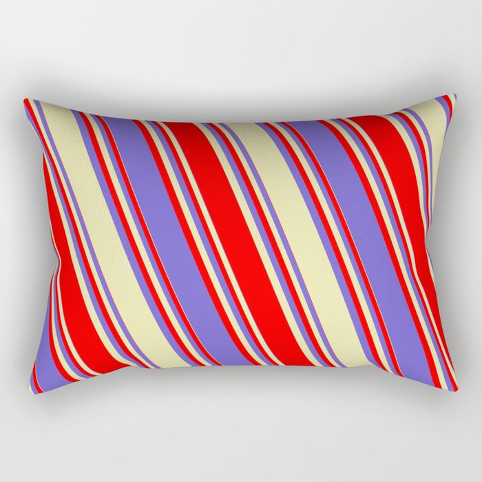 Red, Slate Blue, and Pale Goldenrod Colored Lined/Striped Pattern Rectangular Pillow