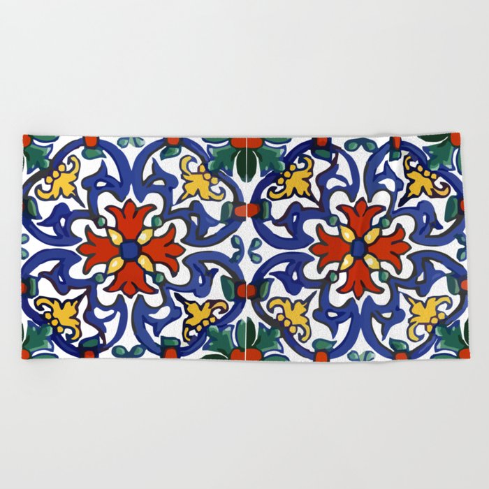 Talavera Mexican tile inspired bold design in blue, green, red, orange Beach Towel
