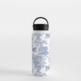 Toile de Jouy Vintage French Exotic Jungle Forest Navy Blue & White Water Bottle