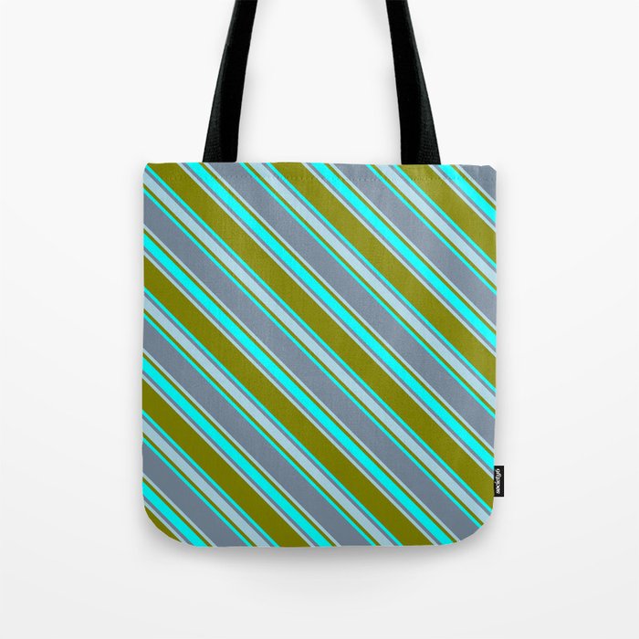 Green, Cyan, Light Slate Gray & Light Blue Colored Stripes Pattern Tote Bag