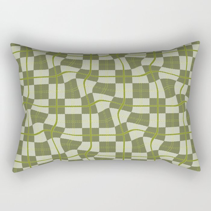 Warped Checkerboard Grid Illustration Olive Garden Green Rectangular Pillow